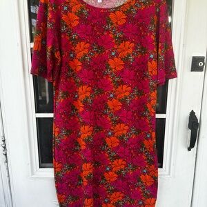 LuLaRoe Floral Midi Dress in Fuchsia & Orange